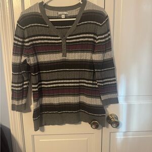 croft & barrow Women's V-Neck Striped Sweater - Gray, Black, Purple. Like New.